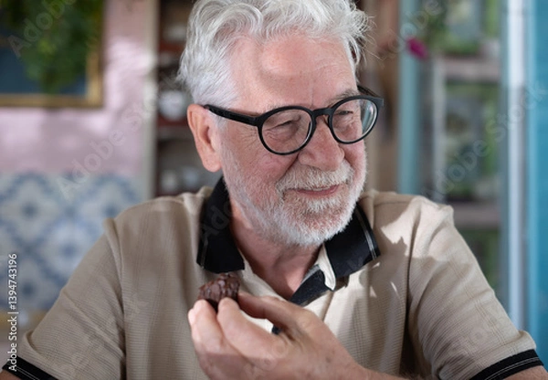 Fototapeta Close-up portrait of an attractive Caucasian senior man with beard and eyeglasses sitting indoors eating a piece of chocolate cookie