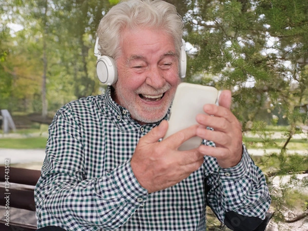 Fototapeta Happy Video Call. Heart-Warming Connections for a smiling senior bearded grandfather using smartphone to stay in touch with distant family or friend