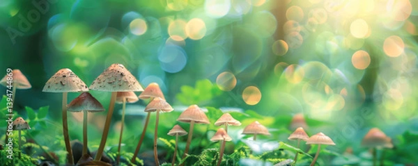 Obraz A group of magic mushrooms growing in the forest, with a blurred background and empty space bokeh sunlight ecosystem.