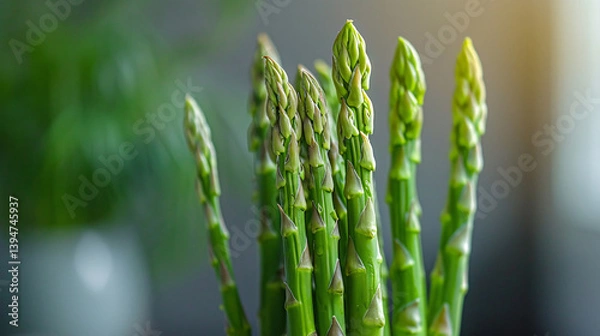 Obraz Fresh medicinal asparagus spears growing in a sunny field with soft green background