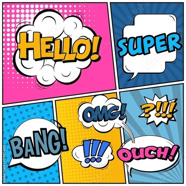Fototapeta Abstract creative concept vector comic pop art style blank, layout template with clouds beams and isolated dots background. For sale banner, empty speech bubble set, illustration halftone book design.