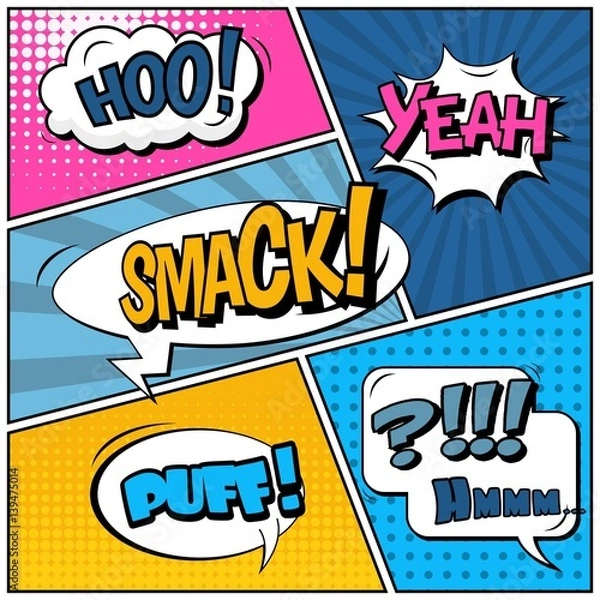 Fototapeta Abstract creative concept vector comic pop art style blank, layout template with clouds beams and isolated dots background. For sale banner, empty speech bubble set, illustration halftone book design.