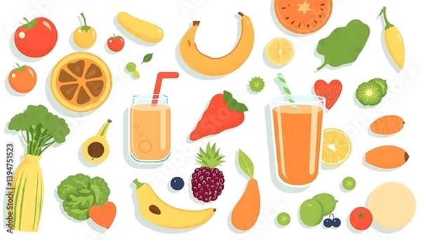 Fototapeta Colorful assortment of fresh fruits and vegetables illustration on white background