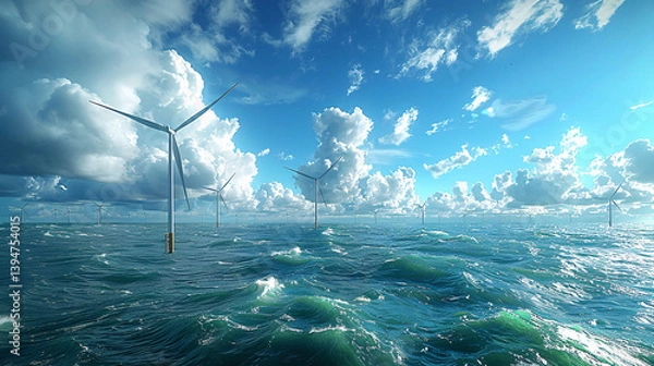 Obraz Clear Waters with Offshore Wind Turbines and Blue Sky - Pristine turquoise waters beneath a vibrant blue sky, dotted with offshore wind turbines, showcasing the harmony of nature and technology