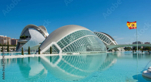 Obraz A futuristic landmark in Valencia stands under a blue sky, with the Spanish flag waving.
