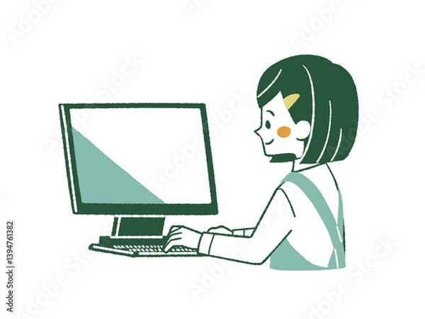 Obraz パソコンを使っているエプロンを着用した女性