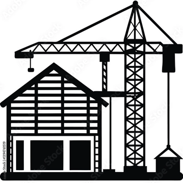 Fototapeta A silhouette illustration of a construction site, featuring a crane and a partially built house 