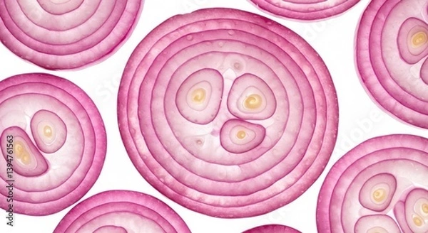 Fototapeta Close up of sliced red onions on a white background showing the layers and center of the vegetable isolated on white background