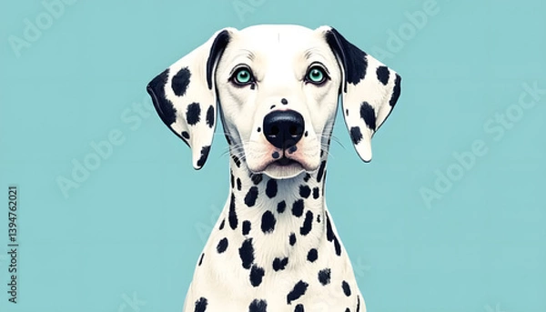 Fototapeta Vector illustration, Dalmatian dog face, emerald expressive light blue eyes, playful disposition, thick outline, rounded features and youthful look