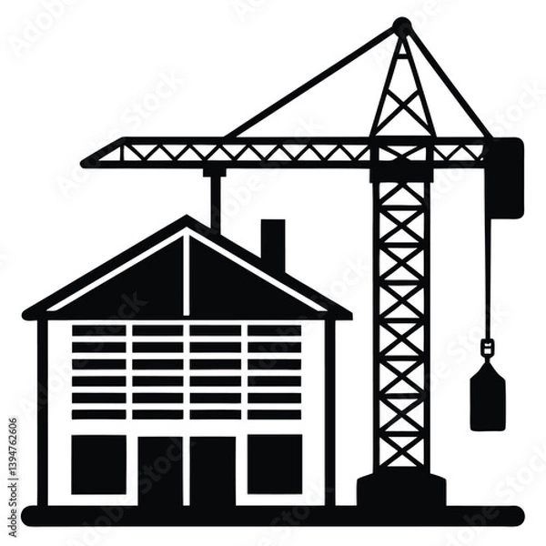 Fototapeta A silhouette illustration of a construction site, featuring a crane and a partially built house 