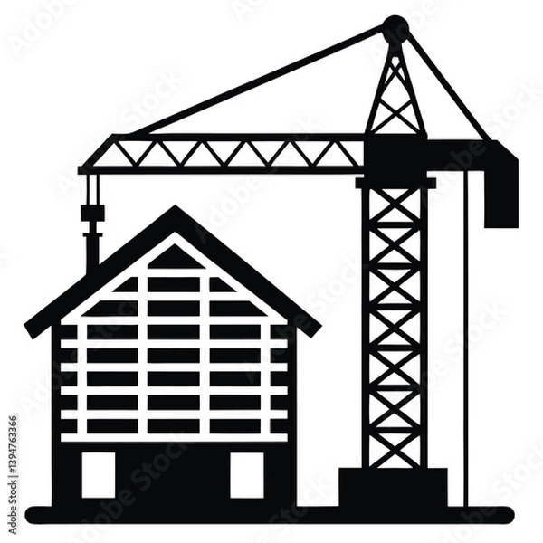 Fototapeta A silhouette illustration of a construction site, featuring a crane and a partially built house 