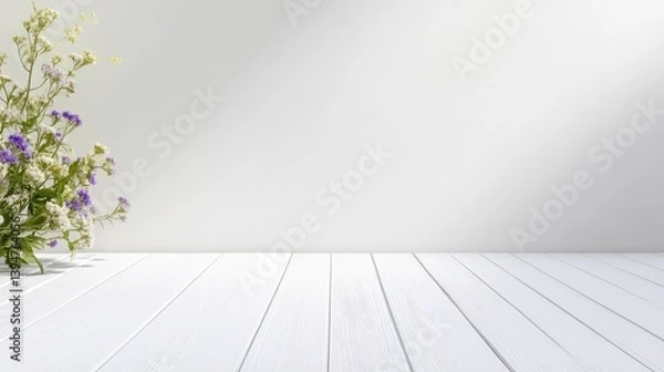 Obraz Empty white wooden table with flowers