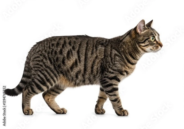 Fototapeta A brown tabby cat standing on a white background in a studio looking to the right side view shot isolated on white background