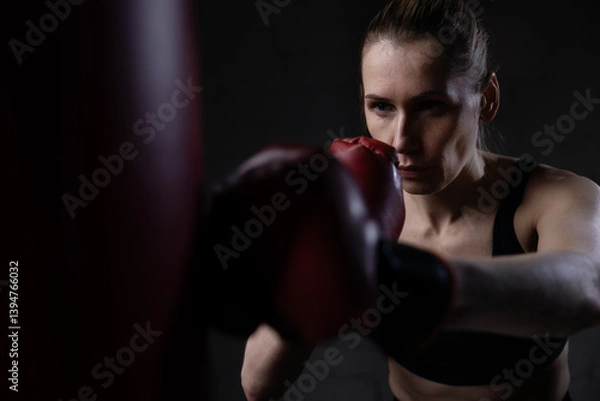 Fototapeta determined woman boxing with gloves and punching bag at gym. power, endurance and coordination training
