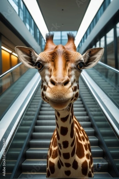Obraz there is a giraffe that is standing on an escalator
