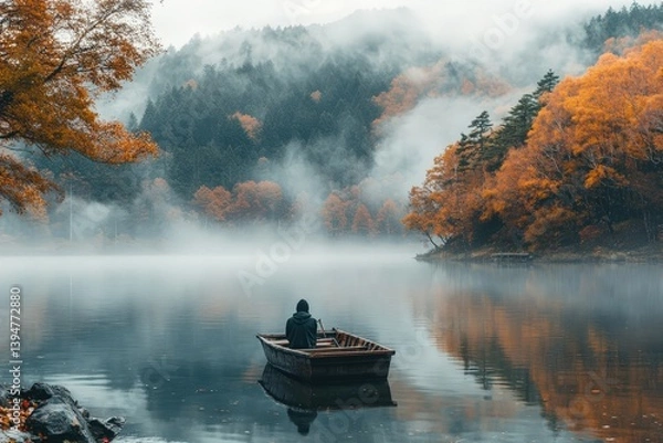 Obraz Foggy Lake in Hokkaido with Lone Fisherman in Wooden Boat