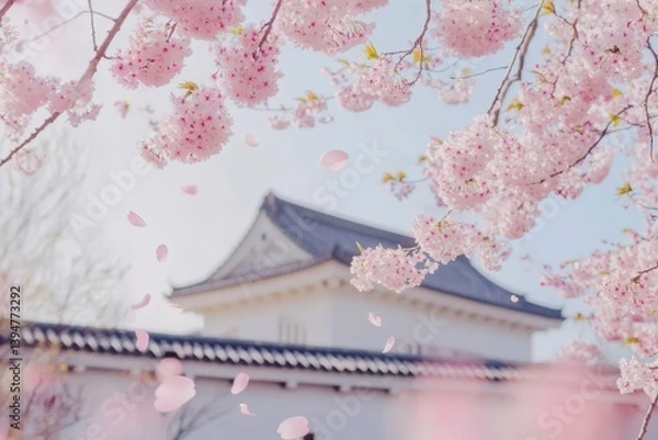 Fototapeta Ancient Castle of Himeji with Cherry Blossoms in Full Bloom