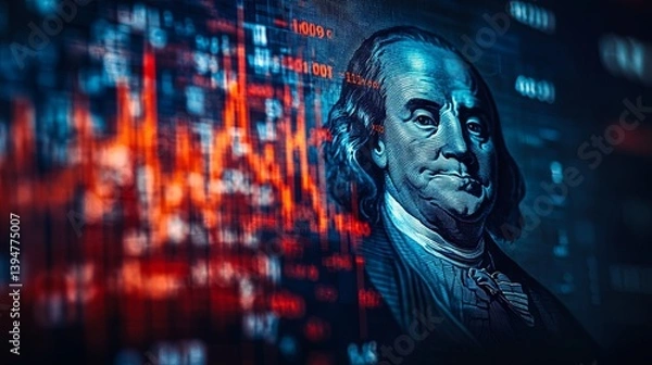 Obraz The U.S. economy. Franklin's portrait beside the flag. America's financial market. Graphs next to Franklin's portrait. Concept of economists' predictions for the United States. U.S. government bonds. 