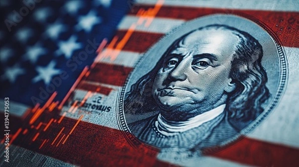 Obraz The U.S. economy. Franklin's portrait beside the flag. America's financial market. Graphs next to Franklin's portrait. Concept of economists' predictions for the United States. U.S. government bonds. 