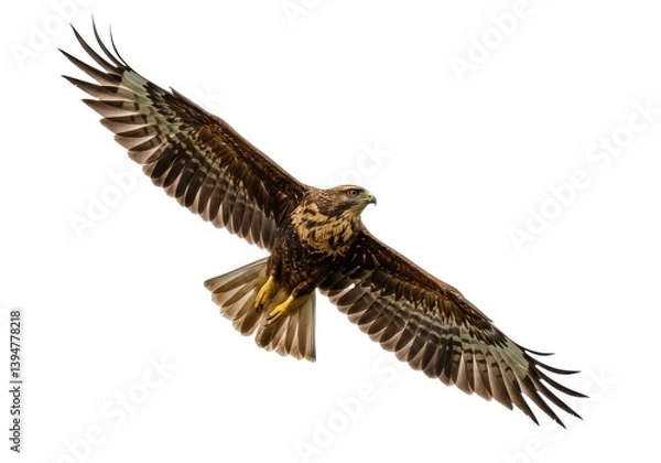Fototapeta A soaring hawk with outstretched wings against a plain white background in a clear view shot isolated on white background