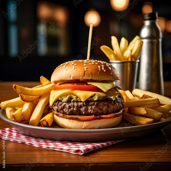 Obraz Classic burger with golden fries in a takeaway paper tray. Captured in a clean, top-down style with natural light.

