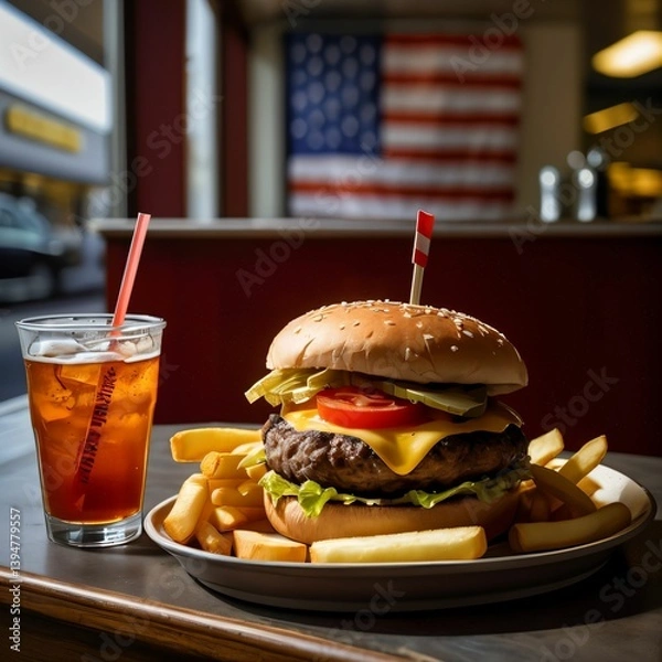 Obraz Beef cheeseburger with ketchup and mustard served on a rustic board, with clean, minimal lighting. A timeless American meal.

