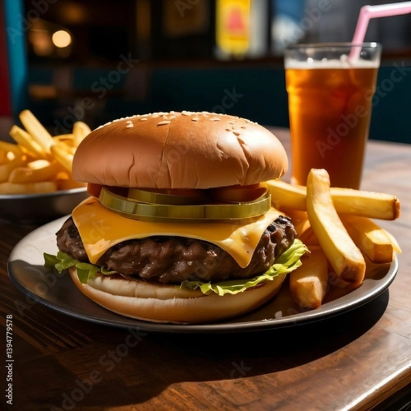 Obraz Classic American cheeseburger served with crispy fries and a soda in a retro diner setting. Styled for a clean, nostalgic food scene.

