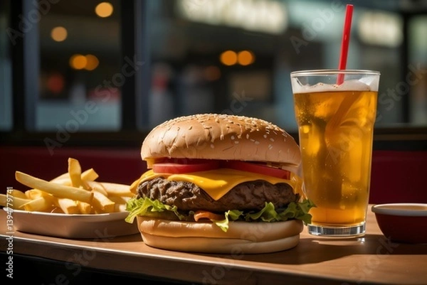 Obraz Juicy double cheeseburger with pickles and melted cheese, presented on a clean white plate. A bold and minimal American favorite.

