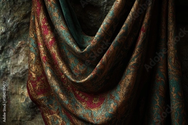 Fototapeta Luxurious teal, gold, and burgundy patterned fabric draped elegantly, showcasing intricate details and rich texture.