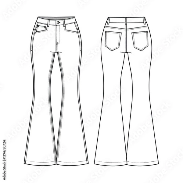 Fototapeta Women's flare leg jeans pant front and back view mockup template vector design technical illustration.