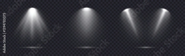 Fototapeta Spotlight set realistic on transparent bg with reflection on floor. Light sources on dark wall, realistic soft concert light on abstract stage png. White projector scene with rays, vector illustration