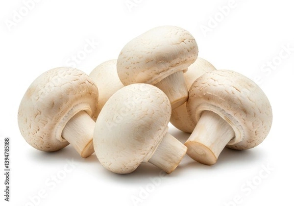 Obraz A group of fresh white button mushrooms piled together on a plain white surface in bright studio lighting isolated on white background