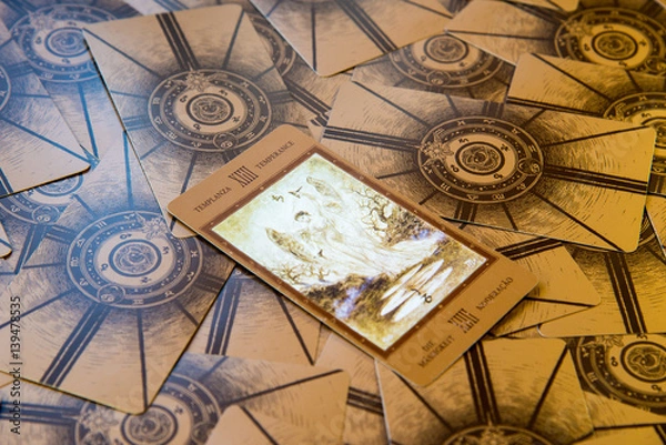 Obraz Tarot card Temperance. Labirinth tarot deck. Esoteric background.