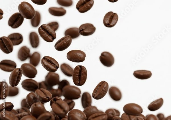 Fototapeta A close up shot of falling roasted coffee beans against a white background in a studio setting isolated on white background