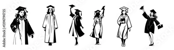 Fototapeta set of silhouette woman graduate 