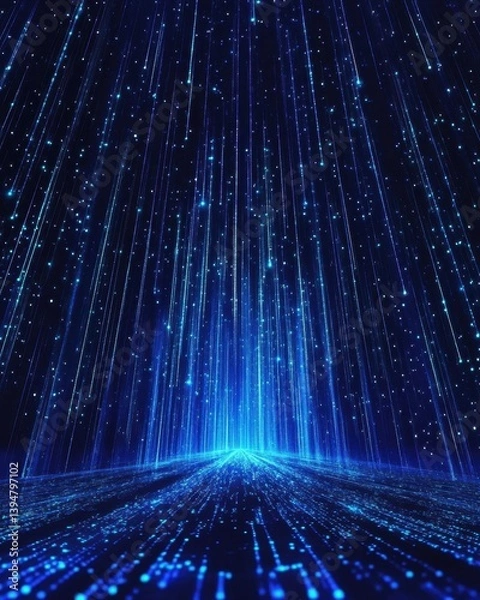 Fototapeta Futuristic digital space with falling blue light streaks and glowing particles creating immersive technology background and virtual reality experience