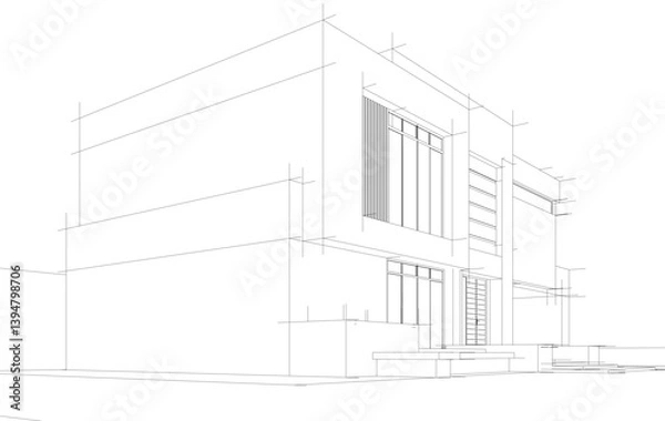 Fototapeta Modern Architectural Wireframe Sketch – Vector Blueprint of Contemporary Buildings
