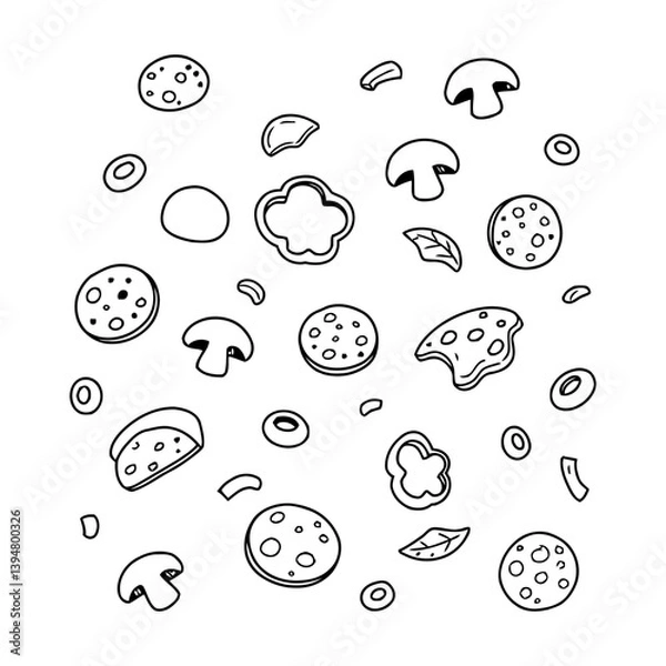 Fototapeta Hand sketched black outline icons of assorted scattered pizza toppings including sliced pepperoni, mushrooms, olives, bell peppers, and meat pieces, isolated vector elements for food design