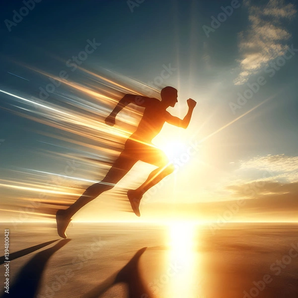 Fototapeta Silhouette of a fast runner with motion blur effect at sunset