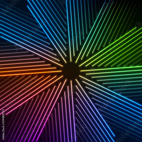 Fototapeta Colorful neon shiny rays abstract glowing background. Futuristic vector design