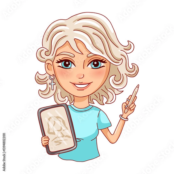 Obraz Female person with graphic tablet and pencil. Digital artist. Vector illustration. 