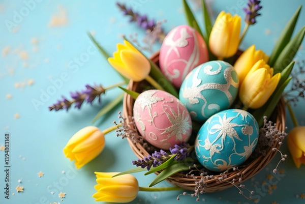 Obraz Top up view of painted color easter egg on the table with beautiful lavender and tulip flowers,Easter concept