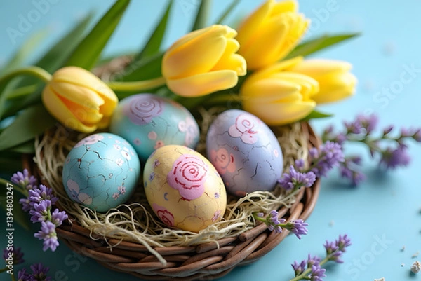 Obraz Top up view of painted color easter egg on the table with beautiful lavender and tulip flowers,Easter concept