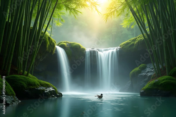 Obraz ultra-high-definition 4K image of a Ethereal Waterfall in a Misty Bamboo Forest.