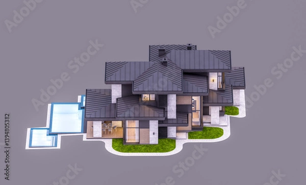 Fototapeta 3d rendering of modern two story house with gray and wood accents, large windows, parking. In the evening Isolated on gray