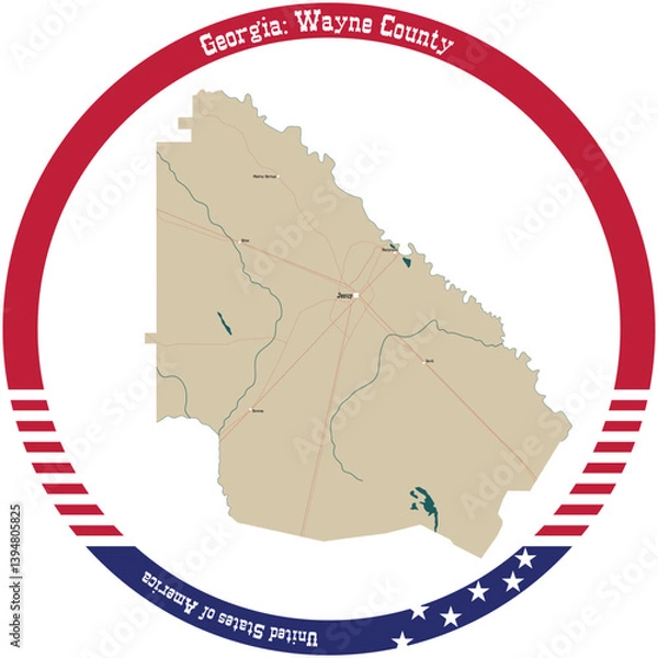 Fototapeta Map of Wayne County in Georgia, USA arranged in a circle.