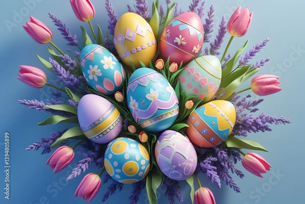 Obraz Top up view of painted color easter egg on the table with beautiful lavender and tulip flowers,Easter concept