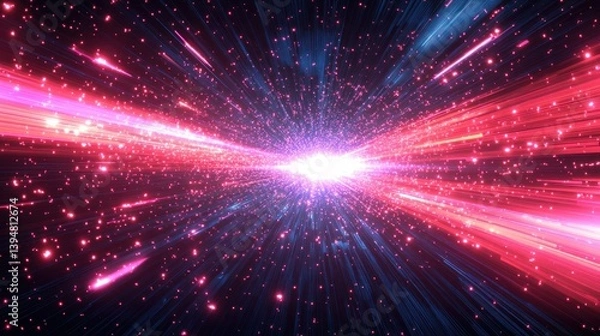 Fototapeta Cosmic explosion radiating outwards with streaks of light and particles.