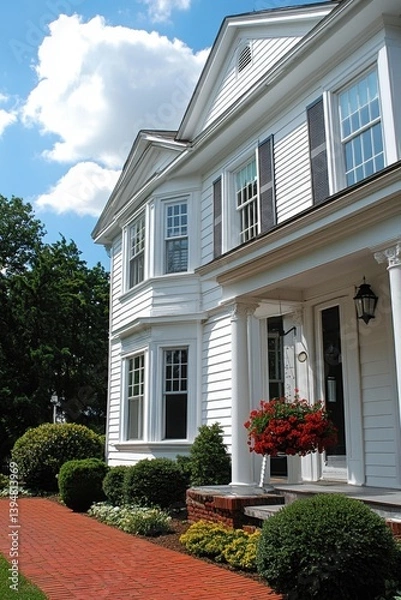 Fototapeta Charming white colonial house with red brick path under a bright blue sky and fluffy clouds in summer