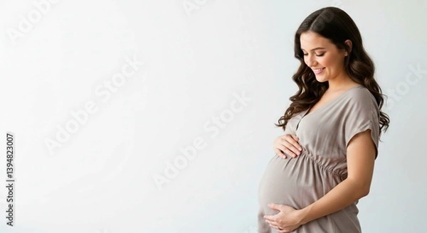 Fototapeta Radiant expectant mother with gentle smile embraces her belly, embodying the joy and anticipation of new life, wearing neutral-colored dress.